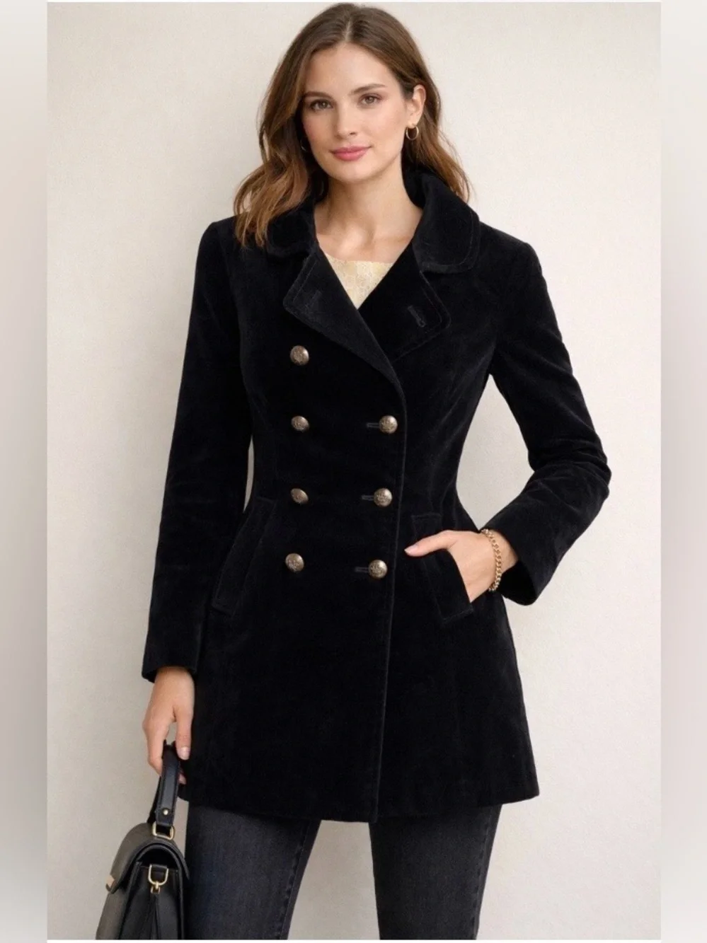 J. Crew Black Velvet Double-Breasted Peacoat